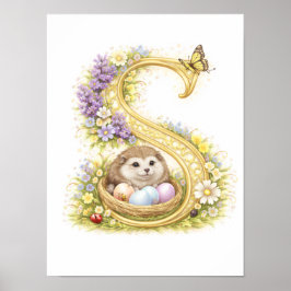 Letter S Gold Spring Nature Monogram Hedgehog Kids ポスター