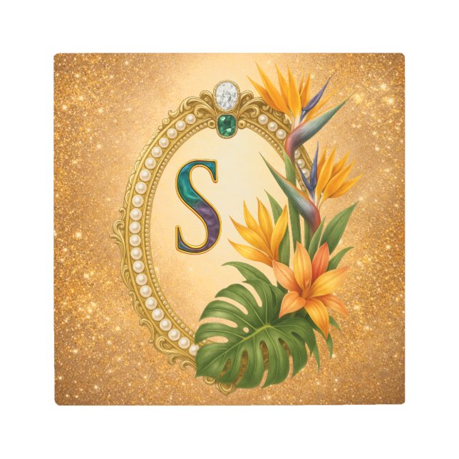 Letter S Tropical Gold Monogram Metal Wall Art メタルプリント (正面)