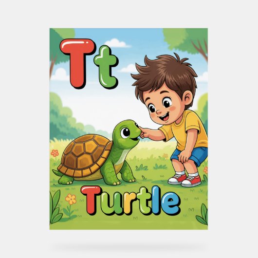Letter T Alphabet Poster – T is for Turtle  アクリルサイン (正面)