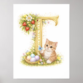 Letter T Gold Spring Nature Monogram Kitten Kids  ポスター