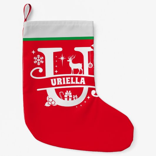 Letter Uクリスマスモノグラムイニシャル名レッドホワイト スモールクリスマスストッキング (正面)