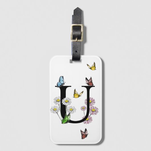 Letter Uフローラバタフライモノグラムイニシャル ラゲッジタグ (正面縦)