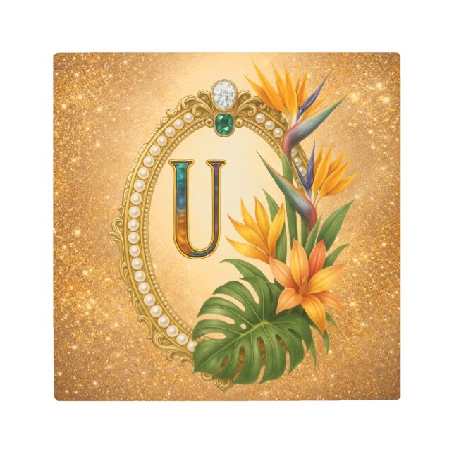 Letter U Tropical Gold Monogram Metal Wall Art メタルプリント (正面)