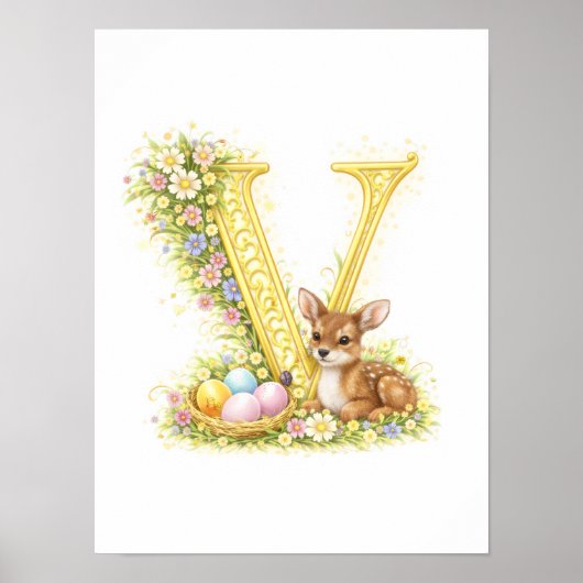 Letter V Gold Spring Nature Monogram Baby Fawn Kid ポスター (正面)