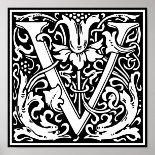 Letter V Medieval Monogram Vintage Initial ポスター