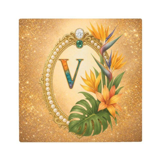 Letter V Tropical Gold Monogram Metal Wall Art メタルプリント (正面)