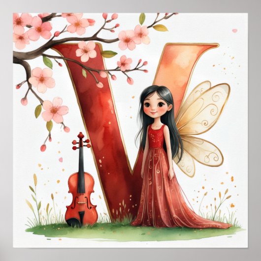 Letter V Violin Fairy Poster -Alphabet Art ポスター (正面)
