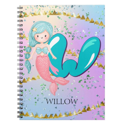 Letter Wモノグラムウォーターカラーキュートマーメイド子供部屋 ノートブック (正面)