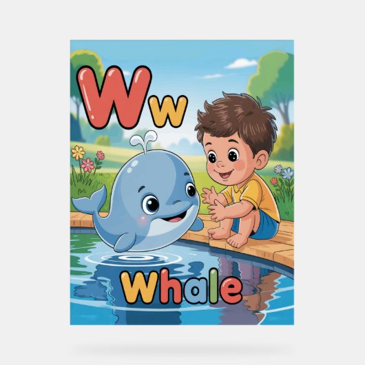 Letter W Alphabet Poster – W is for Whale アクリルサイン (正面)