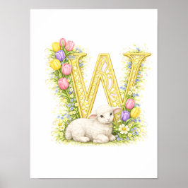 Letter W Gold Spring Nature Monogram Baby Lamb Kid ポスター