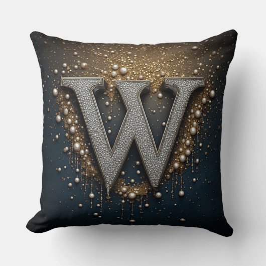 Letter W Monogram With Diamonds Pearls クッション (正面)