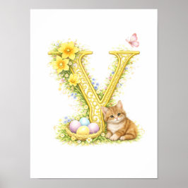 Letter Y Gold Spring Nature Monogram Kitten Kids  ポスター