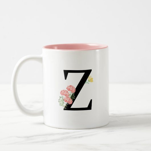 Letter Z Monogram水彩の花ピンク黄色 ツートーンマグカップ (左)