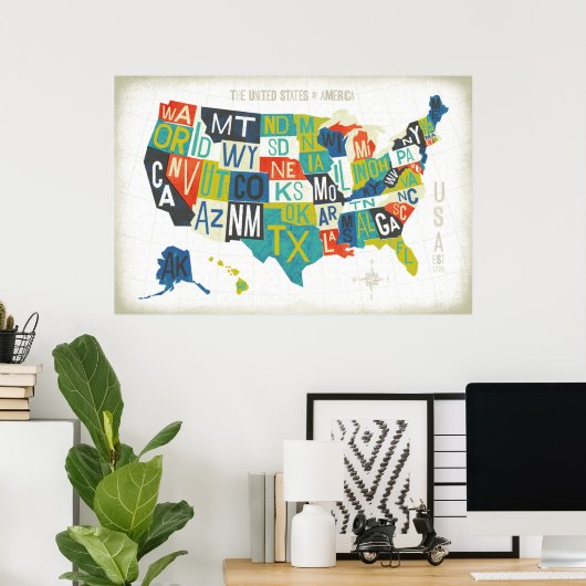 Letterpress USA Map ポスター (ホームオフィス)