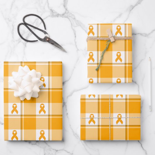 Leukemia Awareness Plaid Orange Ribbon ラッピングペーパーシート (正面)