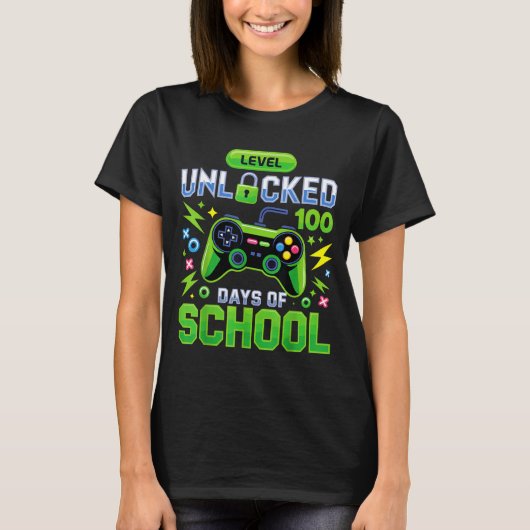 Level 100 Days Of School Unlocked Funny Video Game Tシャツ (正面)