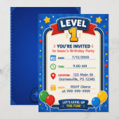 Level 1 バースデーパーティー招待状 | ビデオゲーム 招待状 (正面/裏面)