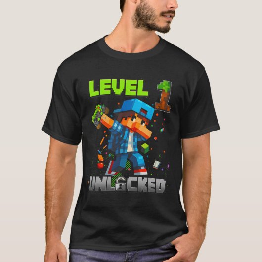 Level 1 Unlocked Funy Birthday Boy Pixel Gamer 1st Tシャツ (正面)