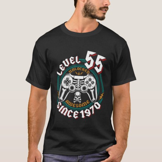 Level 55 Unlocked Awesome Since 1970, Gamer 55th B Tシャツ (正面)