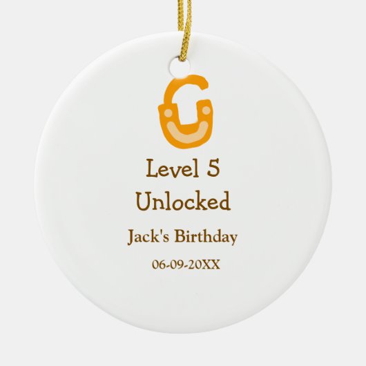 Level 5 unlocked lock orange brown happy birthday  セラミックオーナメント (正面)
