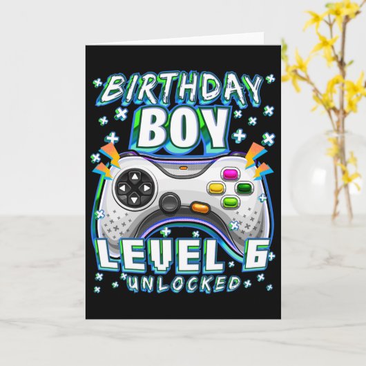 Level 6 Unlocked Video Game 6th Birthday Gamer Boy カード (黄色い花)
