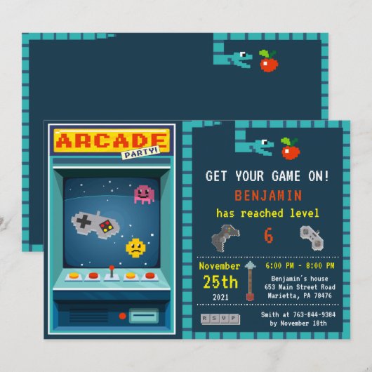 Level Up Arcade Birthday Partyの招待 招待状 (正面/裏面)