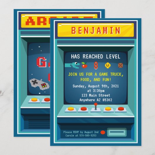 Level Up Arcade Game Birthday Partyの招待 招待状 (正面/裏面)