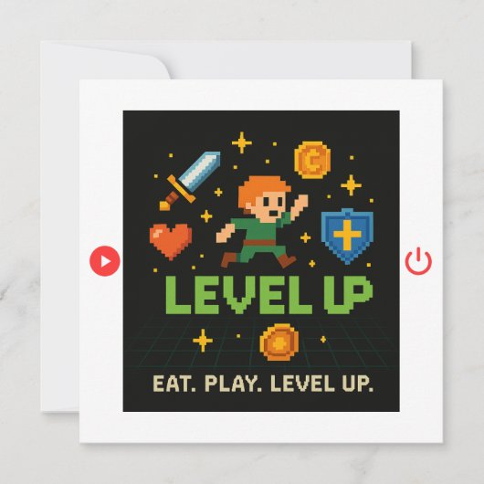 Level Up Birthday Card – Pixel Gamer Flat Card (正面)