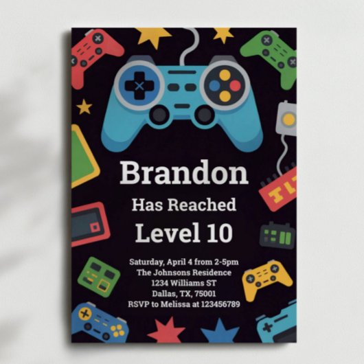 Level Up Boys Gamer 10th Birthday Party 招待状