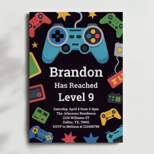 Level Up Boys Gamer 9th Birthday Party 招待状