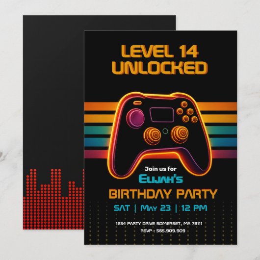 Level Up Gamer Birthday Invitation – Neon Game 招待状 (正面/裏面)