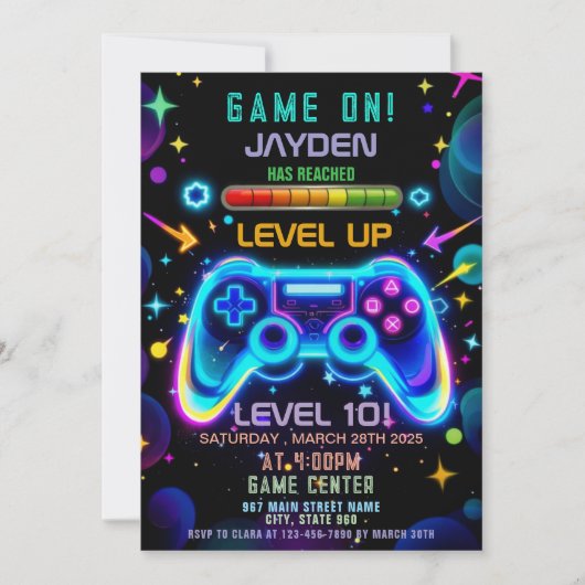Level Up Gamer Birthday Invitation – Neon Game 招待状 (正面)