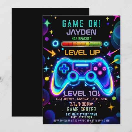 Level Up Gamer Birthday Invitation – Neon Game 招待状 (正面/裏面)