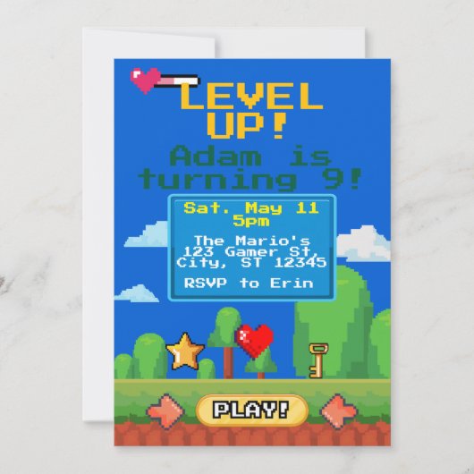 Level Up gamer birthday party 招待状 (正面)