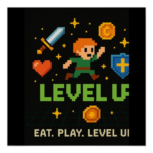 Level Up Gamer Poster – Retro Pixel Gaming Art ポスター (正面)