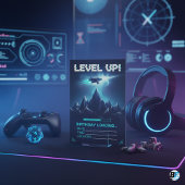 Level Up Gamer Space Sci-Fi Glitch Birthday 招待状