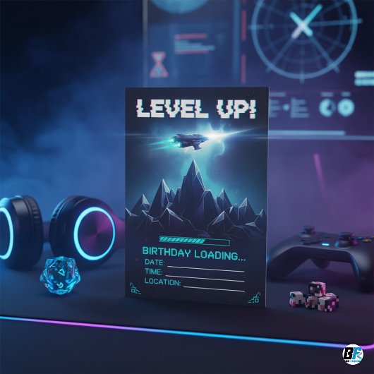 Level Up Gamer Space Sci-Fi Glitch Birthday 招待状