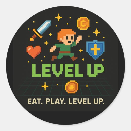 Level Up Gamer Sticker – Retro Pixel Gaming Art ラウンドシール (正面)