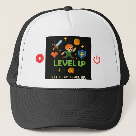 Level Up Gamer Trucker Hat – Pixel Retro Style キャップ (正面)