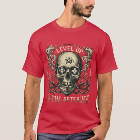 Level Up In The Afterlife - Retro Gaming Skull  Tシャツ (正面)