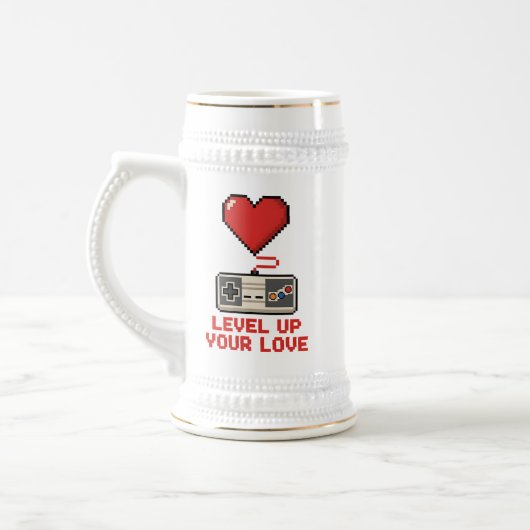 Level Up Your Love, Retro Pixel Gaming Design ビールジョッキ (左)