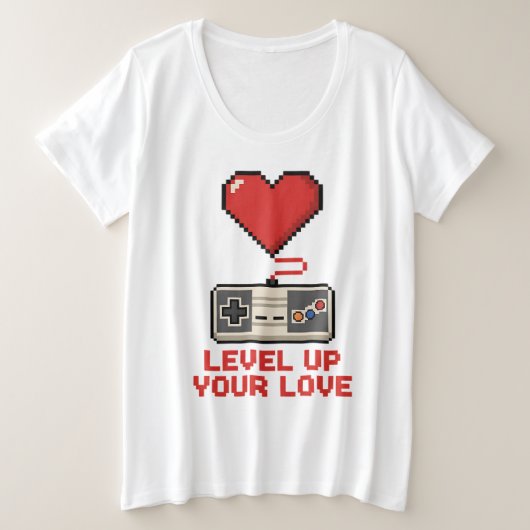 Level Up Your Love, Retro Pixel Gaming Design プラスサイズTシャツ (デザイン正面)