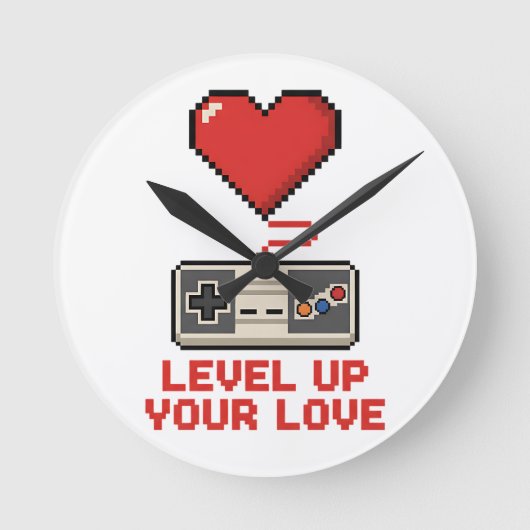 Level Up Your Love, Retro Pixel Gaming Design ラウンド壁時計 (正面)