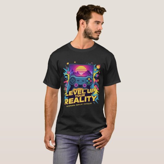 Level Up Your Reality – Neon Gamer Tシャツ (正面フル)