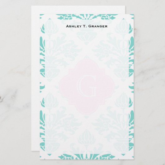 Lgアクアフローラダマスク#3ピンククローバーモノグラム 便箋 (正面/裏面)