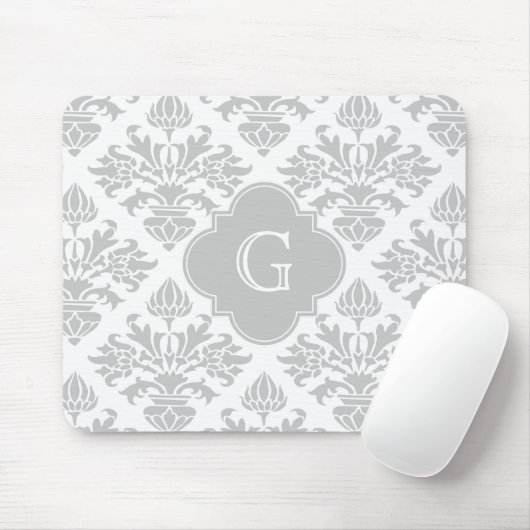 Lgグレーホワイトフローラダマスク#3グレーモノグラムラベル マウスパッド (マウス)