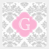 Lgグレーホワイトフローラダマスク#3ピンクモノグラムラベル スクエアシール (正面)