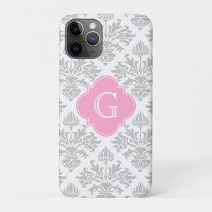 Lgグレーホワイトフローラダマスク#3ピンクモノグラムラベル iPhone 11 Proケース