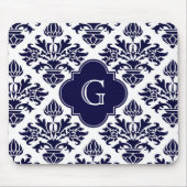 Lgネイビーブルーウィットダマスク#3ネイビークローバーモノグラム マウスパッド (正面)