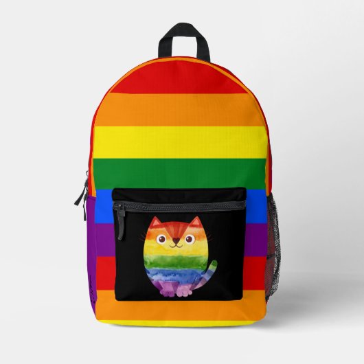 LGBTかわいい猫モノグラムレインボープライド プリントバックパック (正面)